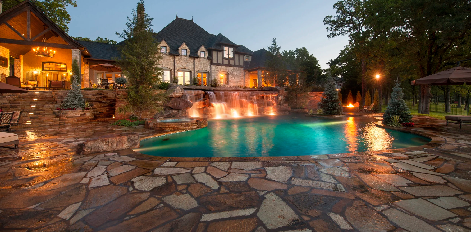 Caviness Luxury Estate Pool Design with Stone Waterfall